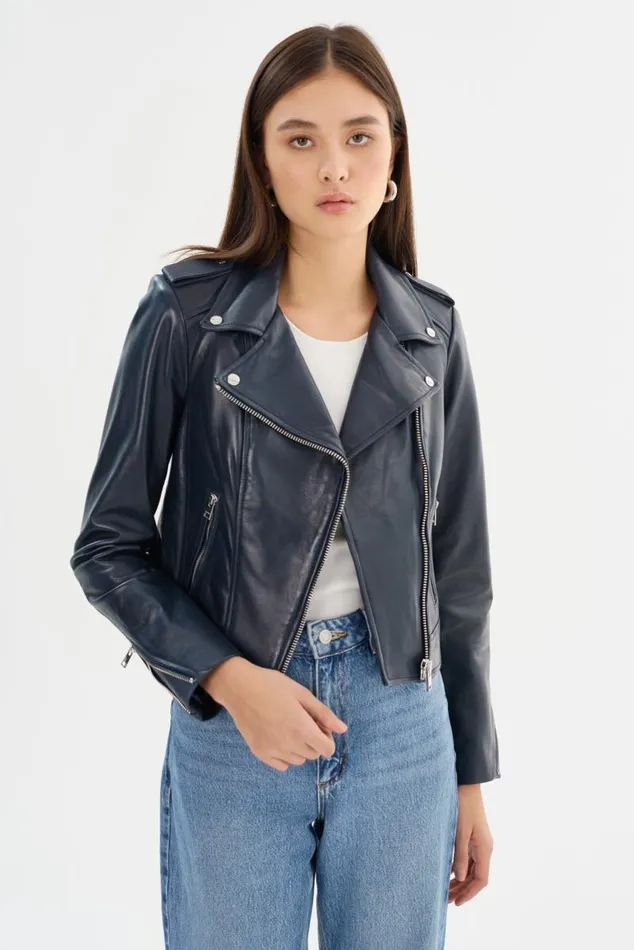 Women DONNA Iconic Leather Biker Jacket Navy LAMARQUE Biker Jackets Women DONNA Iconic Leather Biker Jacket Navy LAMARQUE Biker Jackets