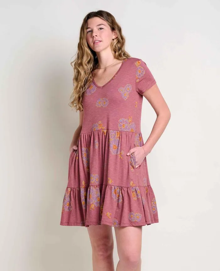 Women Dresses Toad and Co Marley Tiered Short Sleeve Dress Purple Agate Zinnia Print Women Dresses Toad and Co Marley Tiered Short Sleeve Dress Purple Agate Zinnia Print