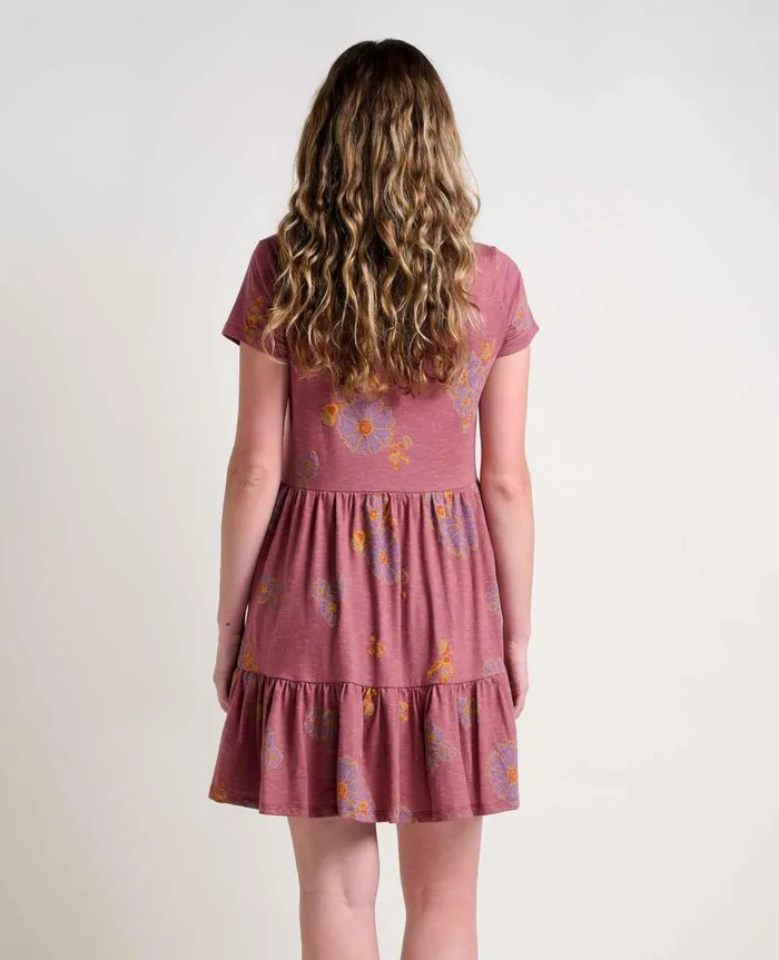 Women Dresses Toad and Co Marley Tiered Short Sleeve Dress Purple Agate Zinnia Print