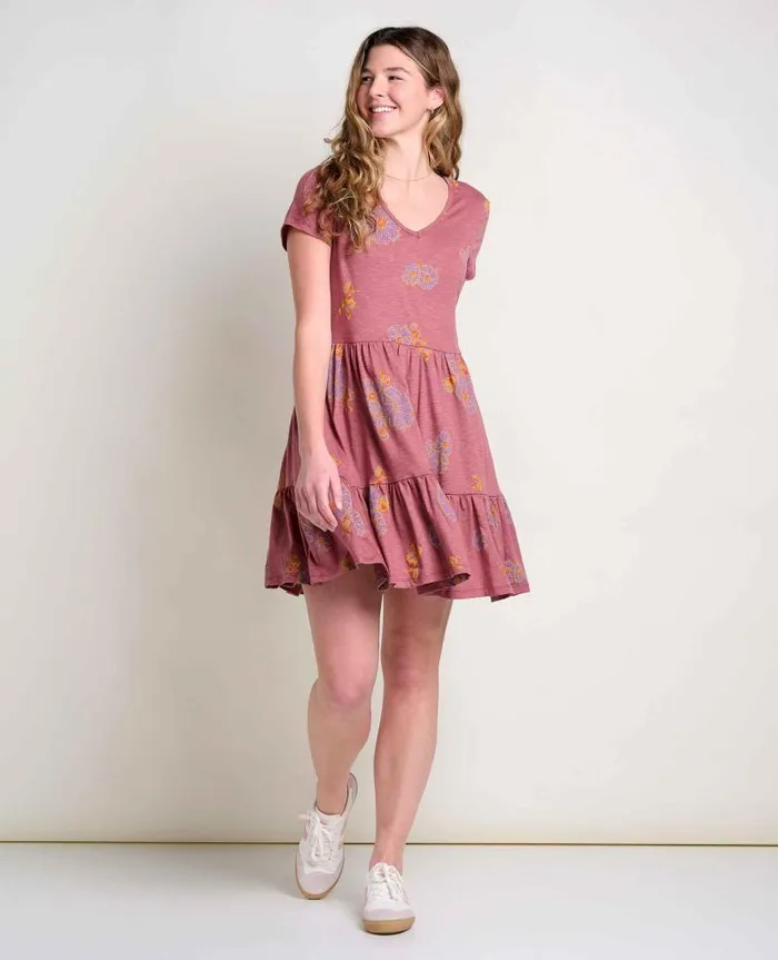 Women Dresses Toad and Co Marley Tiered Short Sleeve Dress Purple Agate Zinnia Print