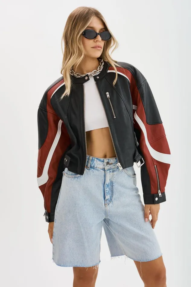 Women DUSTIN Leather Racer Jacket Blackwinter Whiteruby Red LAMARQUE Leather Jackets