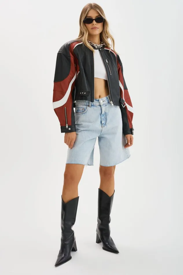 Women DUSTIN Leather Racer Jacket Blackwinter Whiteruby Red LAMARQUE Leather Jackets