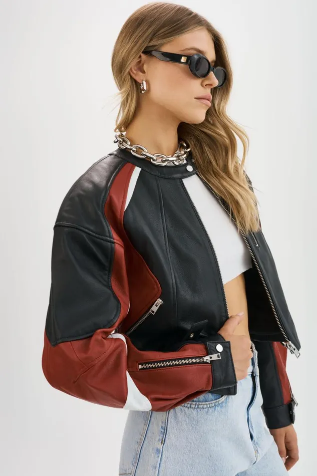Women DUSTIN Leather Racer Jacket Blackwinter Whiteruby Red LAMARQUE Leather Jackets