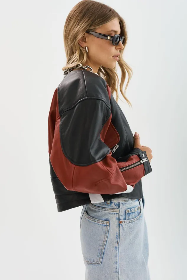 Women DUSTIN Leather Racer Jacket Blackwinter Whiteruby Red LAMARQUE Leather Jackets