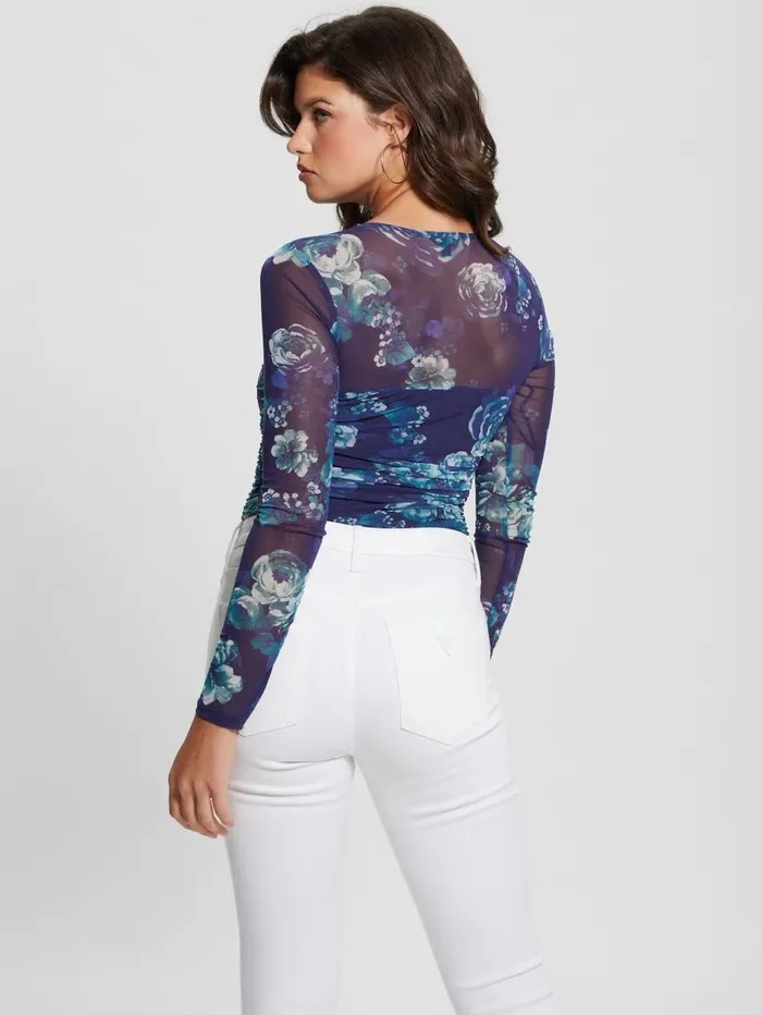 Women Eco Brianne Mesh Bodysuit Full Moon Blooms Print Tops GUESS