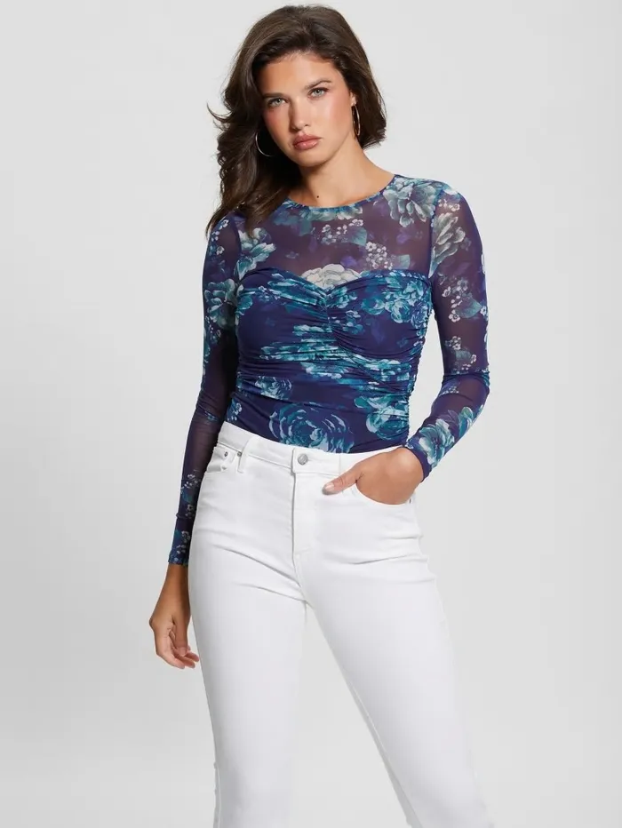 Women Eco Brianne Mesh Bodysuit Full Moon Blooms Print Tops GUESS