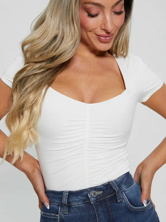 Women Eco Rayla Ruched Top Cream White Tops GUESS