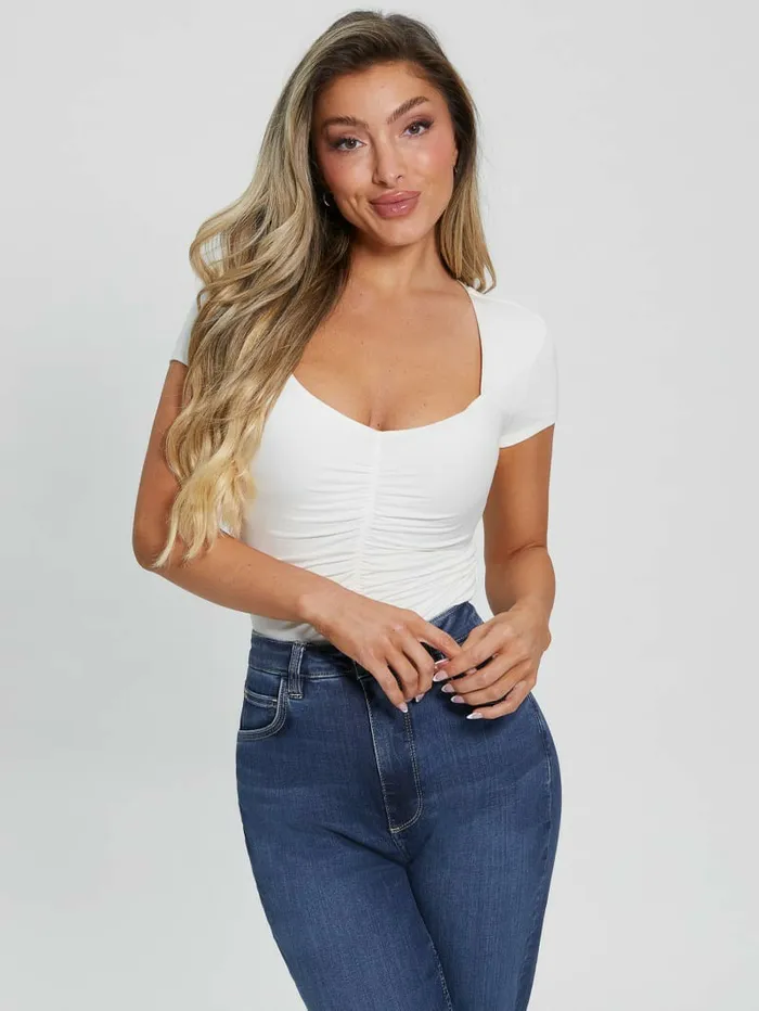 Women Eco Rayla Ruched Top Cream White Tops GUESS Women Eco Rayla Ruched Top Cream White Tops GUESS