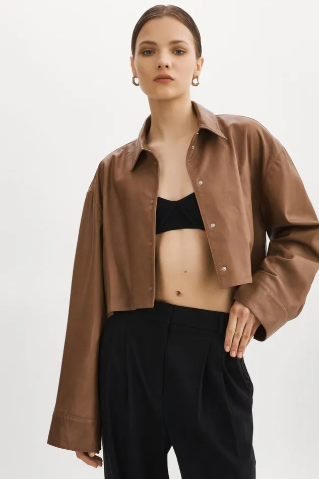 Women ELDA Leather Oversized Shirt Mink Brown LAMARQUE Shackets