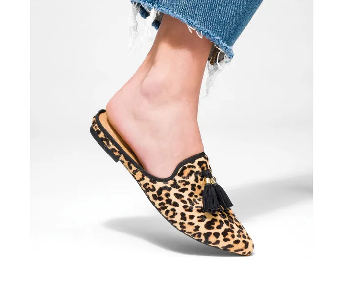 Women Flats and SlipOns Hush Puppies Sadie Tassel Mule Leopard Calf Hair Women Flats and SlipOns Hush Puppies Sadie Tassel Mule Leopard Calf Hair