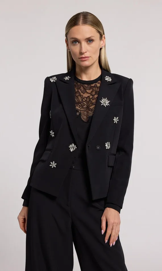 Women Generation Love Clothing Blazers and Jackets Delilah Crystal Embellished Crepe Blazer Blackclear