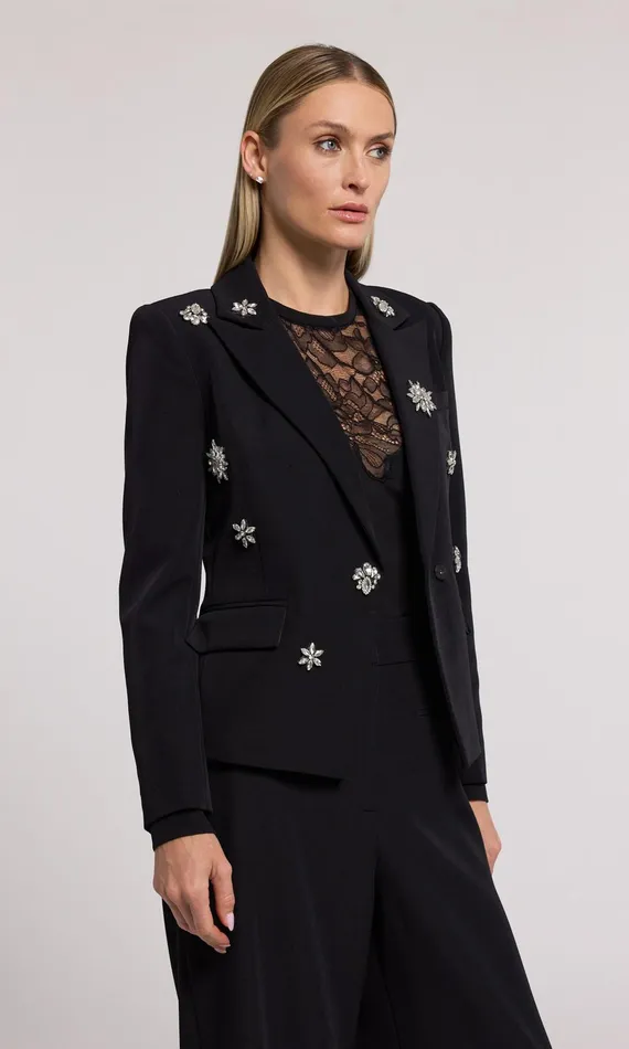 Women Generation Love Clothing Blazers and Jackets Delilah Crystal Embellished Crepe Blazer Blackclear