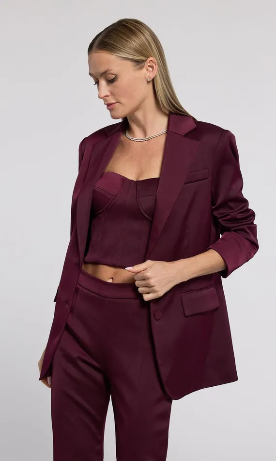 Women Generation Love Clothing Blazers and Jackets Drea Satin Blazer Black Cherry