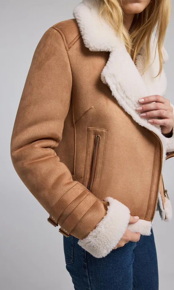 Women Generation Love Clothing Outerwear Dion Vegan Suede Shearling Moto Jacket Cognacwhite