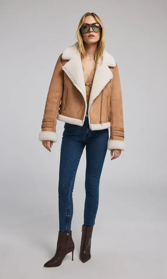 Women Generation Love Clothing Outerwear Dion Vegan Suede Shearling Moto Jacket Cognacwhite