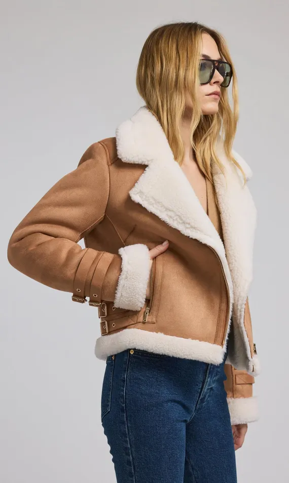 Women Generation Love Clothing Outerwear Dion Vegan Suede Shearling Moto Jacket Cognacwhite