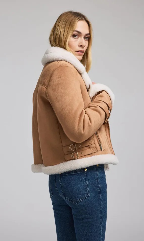 Women Generation Love Clothing Outerwear Dion Vegan Suede Shearling Moto Jacket Cognacwhite