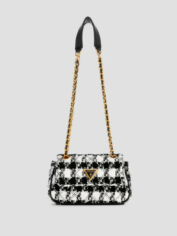 Women Giully Tweed Mini Convertible Crossbody Marble BlkWht Handbags GUESS