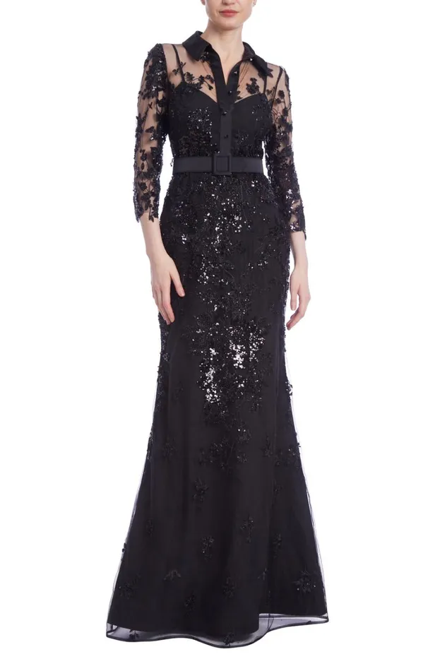 Women Gowns Badgley Mischka Beaded Illusion Neck Shirt Gown Black