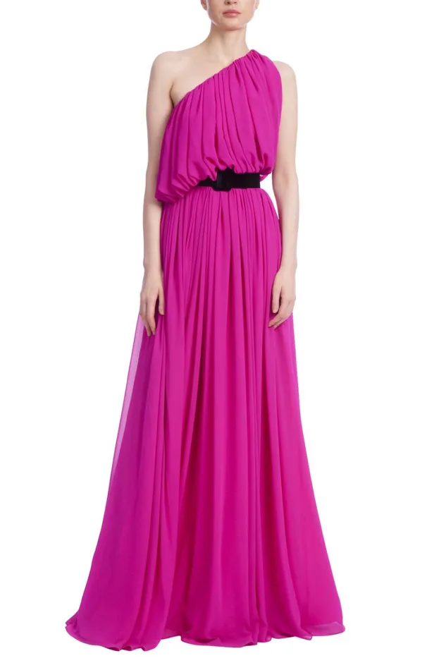 Women Gowns Badgley Mischka Belted One Shoulder Full Skirt Gown Fuchsia