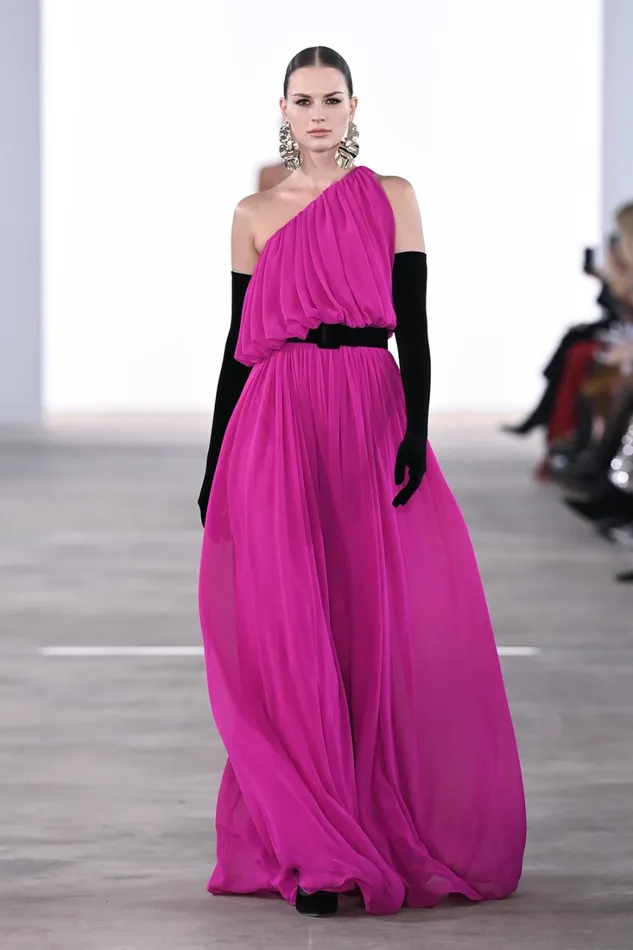 Women Gowns Badgley Mischka Belted One Shoulder Full Skirt Gown Fuchsia
