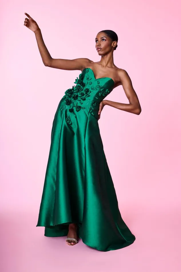 Women Gowns Badgley Mischka Embroidered Gazar High Low Gown Kelly Green