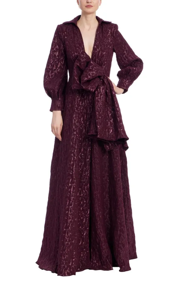 Women Gowns Badgley Mischka Long Sleeve Jacquard Shirt Gown Wine