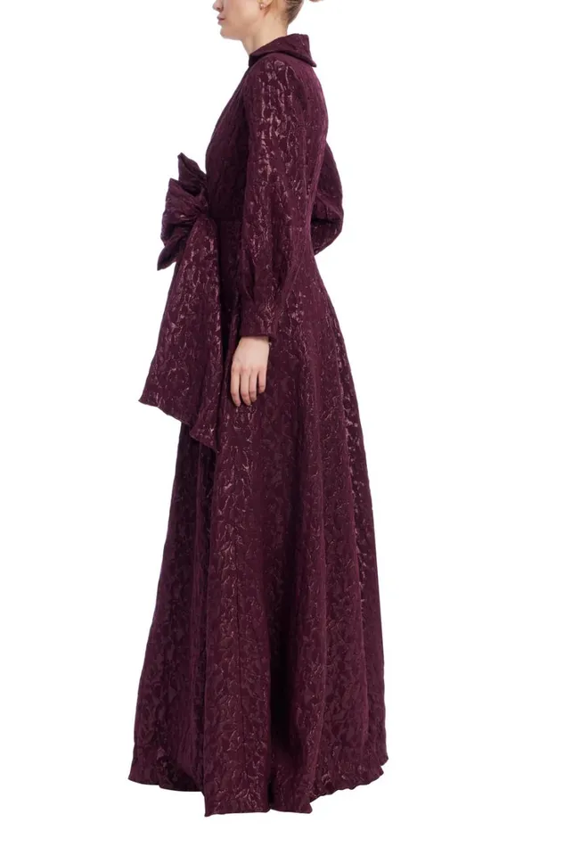 Women Gowns Badgley Mischka Long Sleeve Jacquard Shirt Gown Wine