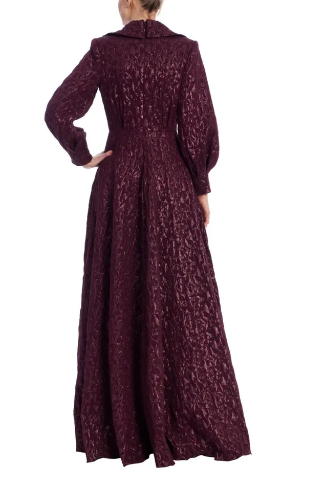 Women Gowns Badgley Mischka Long Sleeve Jacquard Shirt Gown Wine