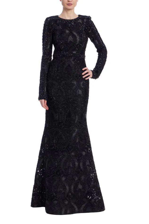 Women Gowns Badgley Mischka Long Sleeve Lace Column Gown Black