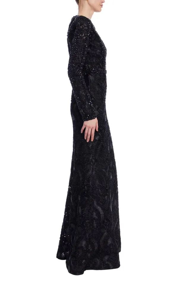 Women Gowns Badgley Mischka Long Sleeve Lace Column Gown Black