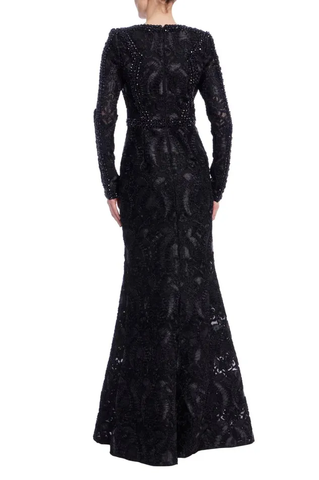 Women Gowns Badgley Mischka Long Sleeve Lace Column Gown Black