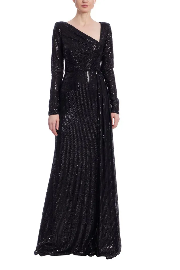 Women Gowns Badgley Mischka Long Sleeve Sequin Gown Black