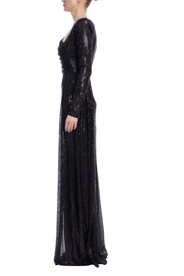 Women Gowns Badgley Mischka Long Sleeve Sequin Gown Black