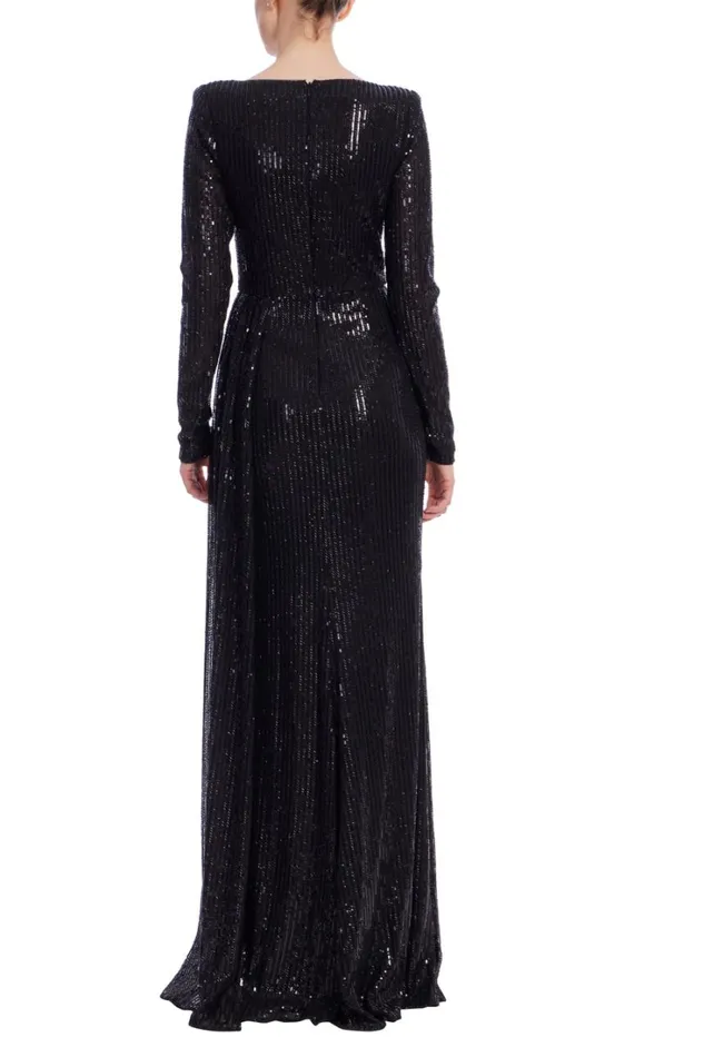 Women Gowns Badgley Mischka Long Sleeve Sequin Gown Black