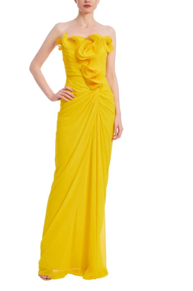 Women Gowns Badgley Mischka Ruffled Georgette Strapless Gown Yellow
