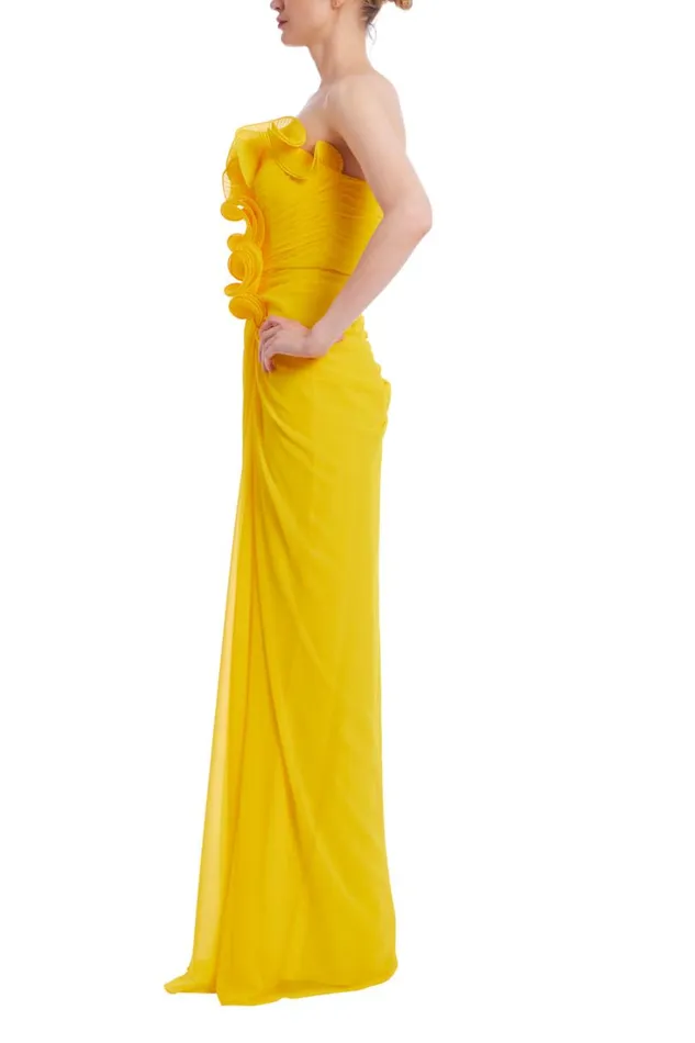 Women Gowns Badgley Mischka Ruffled Georgette Strapless Gown Yellow