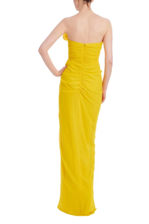 Women Gowns Badgley Mischka Ruffled Georgette Strapless Gown Yellow