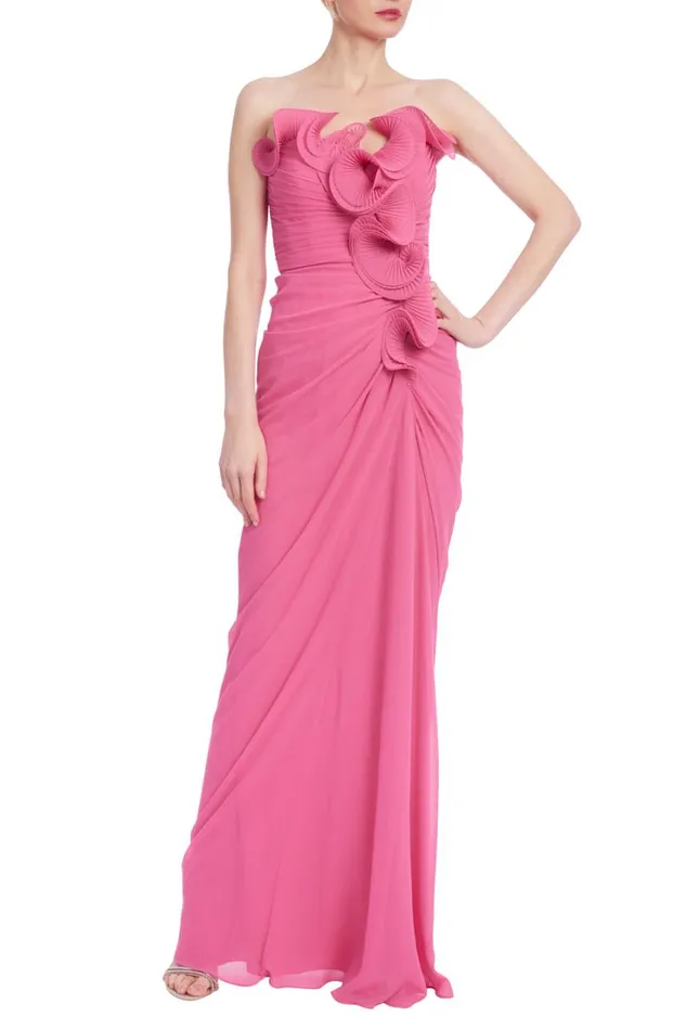 Women Gowns Badgley Mischka Ruffled Georgette Strapless Gown Yellow