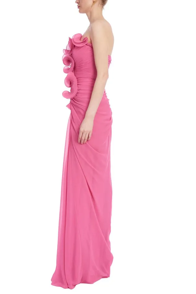 Women Gowns Badgley Mischka Ruffled Georgette Strapless Gown Yellow