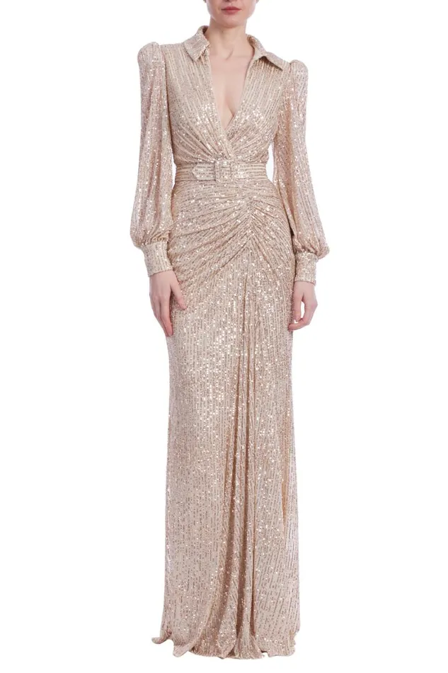 Women Gowns Badgley Mischka Sequin Long Sleeve VNeck Shirt Gown Gold