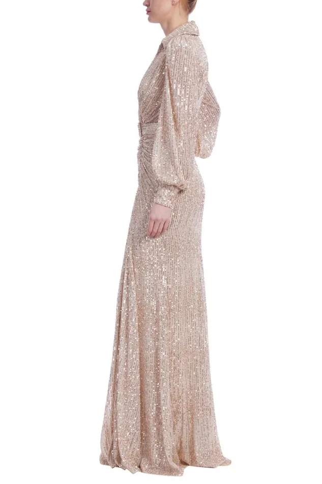 Women Gowns Badgley Mischka Sequin Long Sleeve VNeck Shirt Gown Gold