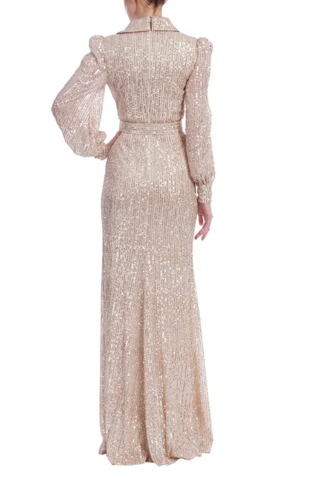 Women Gowns Badgley Mischka Sequin Long Sleeve VNeck Shirt Gown Gold