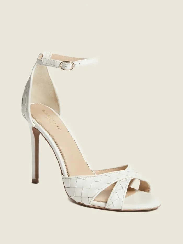 Women GUESS Abieli Woven Leather Stiletto Sandal Ivory 150 Heels