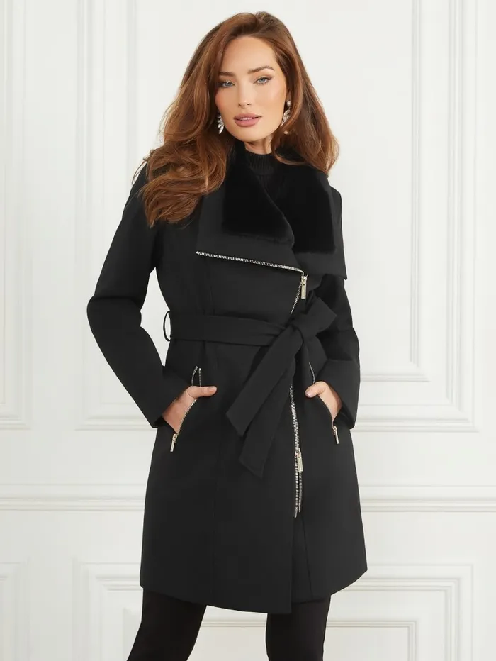 Women GUESS Ambra WoolBlend Coat Jet Black Multi Jackets and Coats
