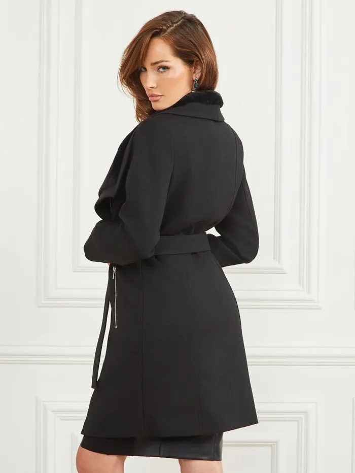 Women GUESS Ambra WoolBlend Coat Jet Black Multi Jackets and Coats Women GUESS Ambra WoolBlend Coat Jet Black Multi Jackets and Coats