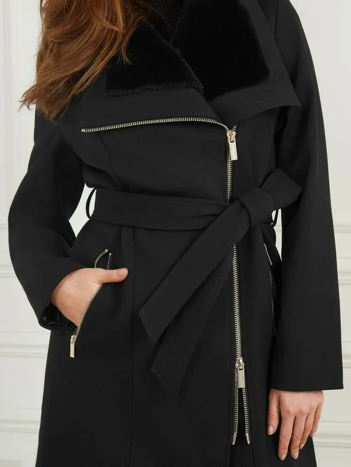 Women GUESS Ambra WoolBlend Coat Jet Black Multi Jackets and Coats Women GUESS Ambra WoolBlend Coat Jet Black Multi Jackets and Coats