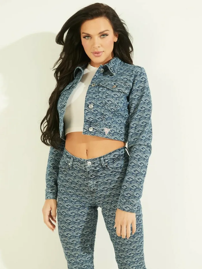 Women GUESS Cube Geometric Cropped Jacket Cube Wash Jackets and Coats