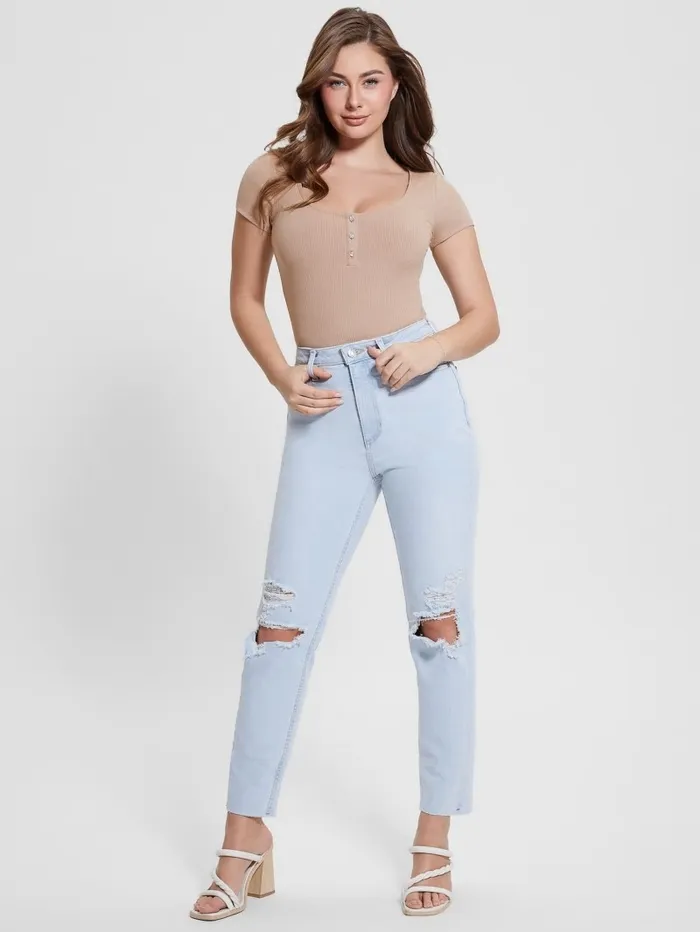 Women GUESS Eco Destroyed Mom Jeans Brightstone Blue Jeans and Denim