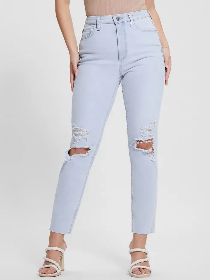Women GUESS Eco Destroyed Mom Jeans Brightstone Blue Jeans and Denim Women GUESS Eco Destroyed Mom Jeans Brightstone Blue Jeans and Denim